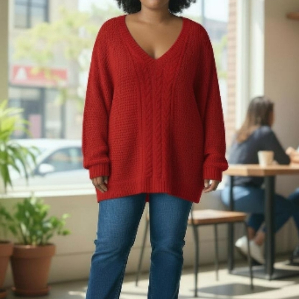 EUC lanebryant Sz. 18/20 Red‎ Long Sleeve Cable Knit Open Weave Pullover Sweater